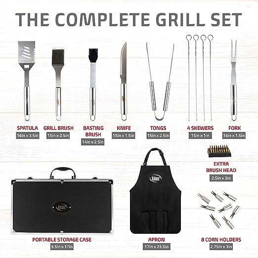 Kaluns BBQ Grill Accessories, Grilling Accessories for Outdoor Grill, Heavy Duty Stainless Steel Grill Set with Aluminum Case and Apron, Barbeque Tools, Grilling Gifts for Men, Women, Dad