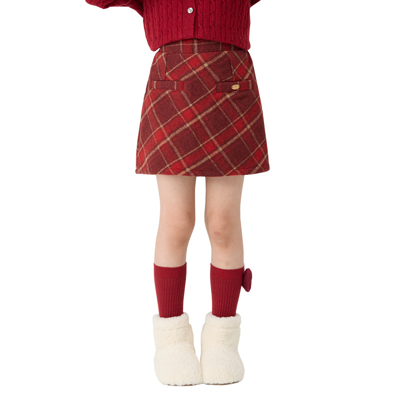 Girls' Wool Plaid Skirt – Red New Year Outfit for Fall & Winter