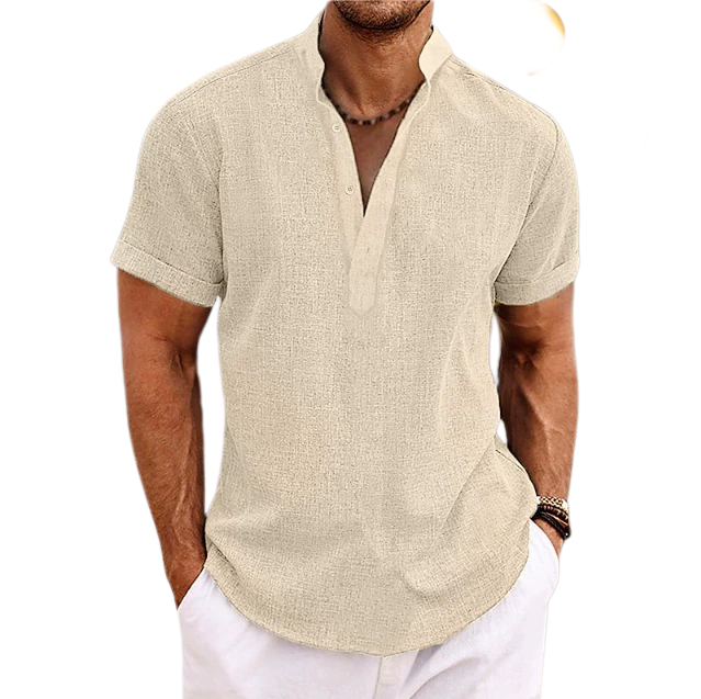 Men Linen Summer Beach Shirt Short Sleeve Solid Color Henry Shirt Summer Casual Daily Men Shirt