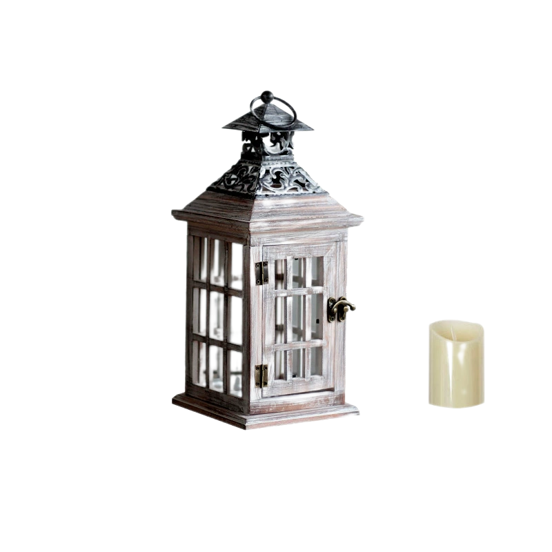 Vintage Wooden & Glass Lantern with Iron Candle Holder – Windproof Floor Lamp, European Style Decorative Piece, Rustic Photo Prop