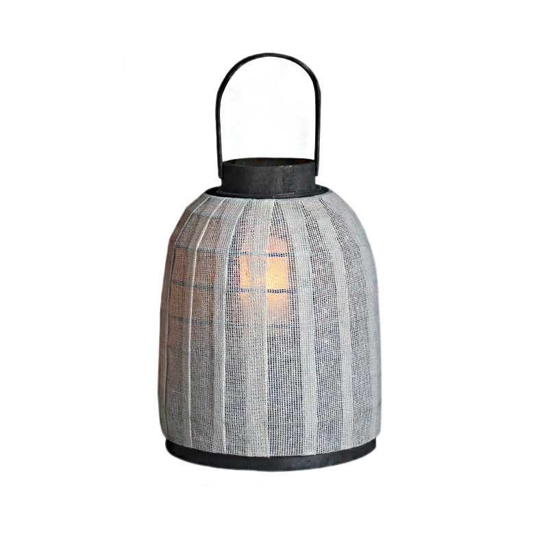 Vintage White Fabric Lantern with Wooden Handle – Candle Holder Decorative Piece for Garden, Courtyard, and Guesthouse, New Chinese & Nordic Style