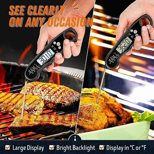 Instant Read Meat Thermometer for Grill and Cooking, Fast & Precise Digital Food Thermometer with Backlight, Magnet, Calibration, and Foldable Probe for Kitchen, Outdoor Grilling and BBQ!…