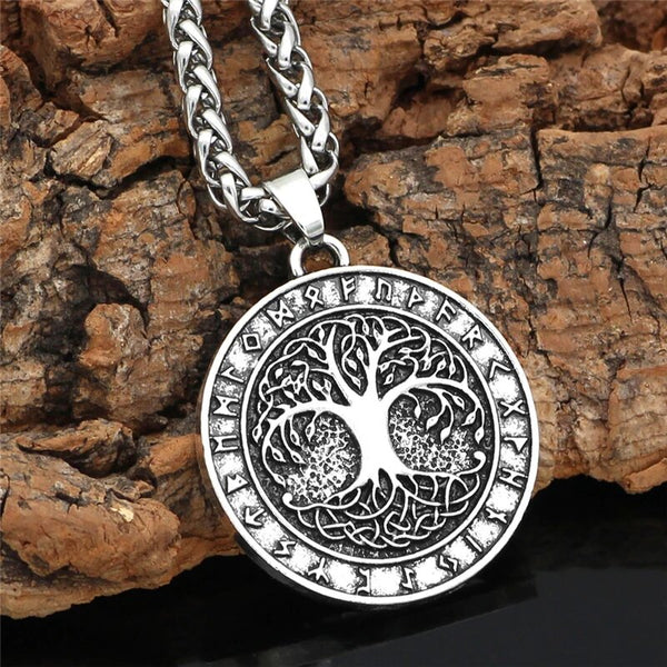 Nordic Vintage Tree of Life Round Pendant Viking Rune Necklace Antique Bronze Silver Color Men Women Jewelry Gifts