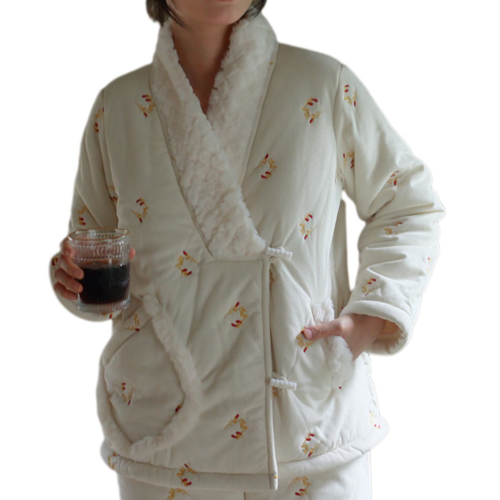 Women's Thickened Coral Fleece Pajama Set – New Chinese-Style, Embroidered, Ultra-Warm Wearable Loungewear for Winter