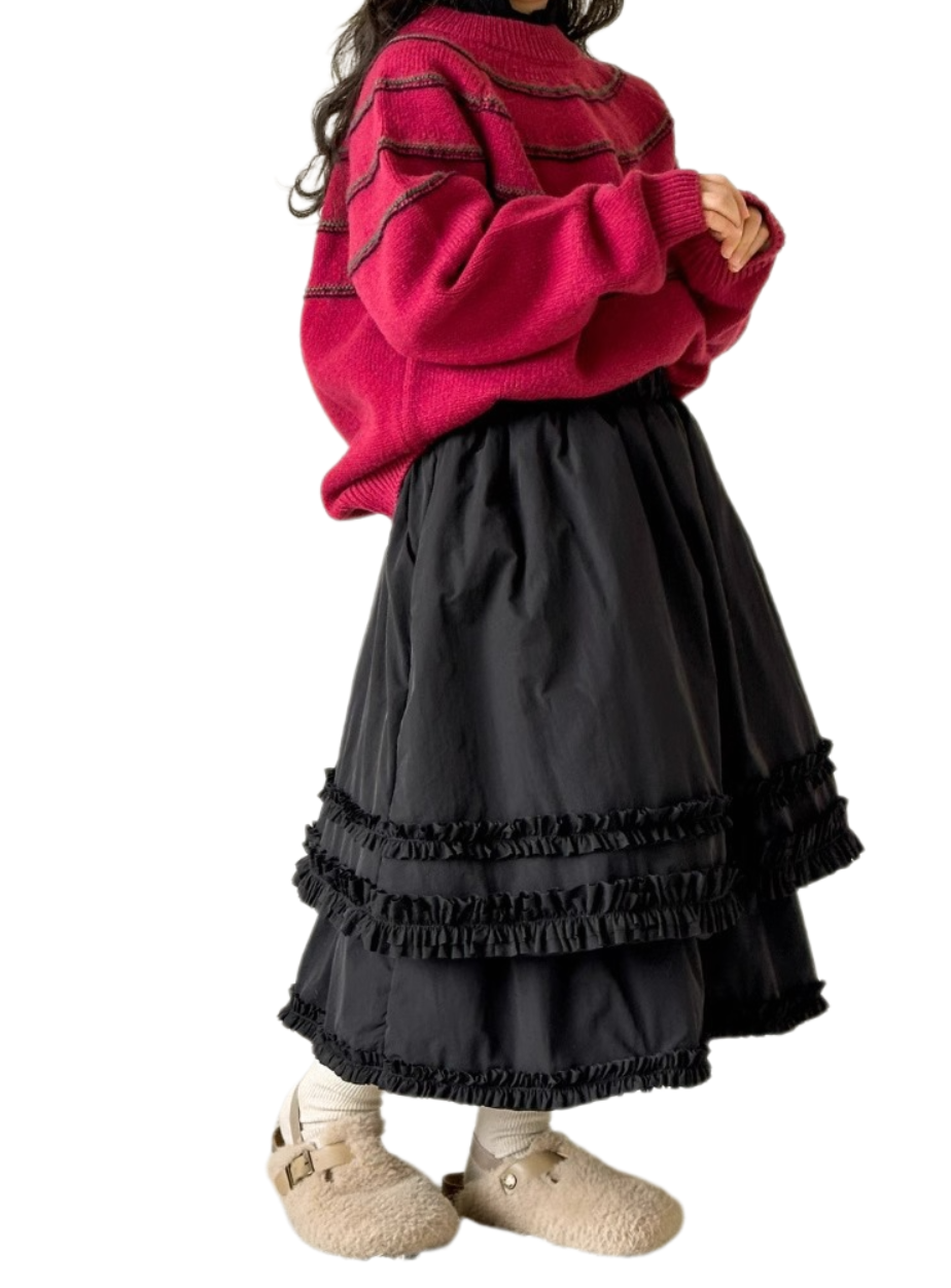 2025 Girls' Winter Cotton Skirt – Thickened Princess Long Skirt with Lace Trim