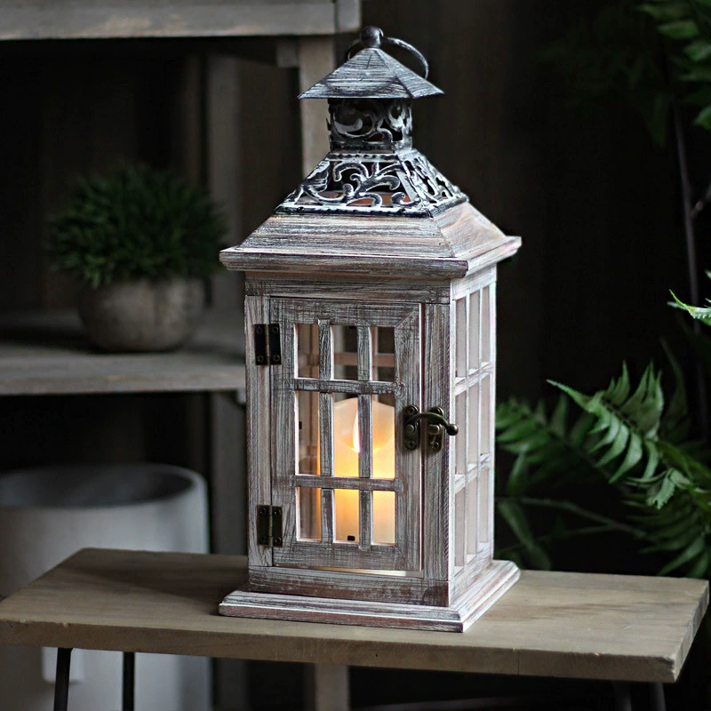 Vintage Wooden & Glass Lantern with Iron Candle Holder – Windproof Floor Lamp, European Style Decorative Piece, Rustic Photo Prop