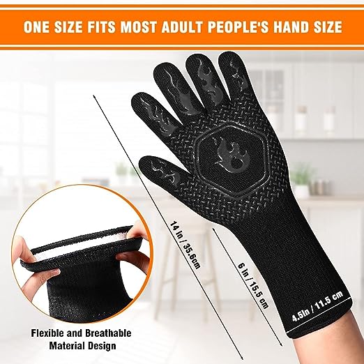 HAMITOR BBQ Grill Gloves Heat Resistant: 1472℉ High Temp Resistance Fireproof Glove for Grilling Smoking Barbecue - Washable Long Oven Mitts Extreme Hot Proof Mittens for Kitchen Cooking Baking