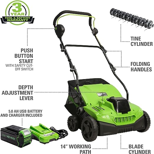 Greenworks 40V (2-In-1) Dethatcher / Scarifier, 5Ah USB Battery and Rapid Charger Included, DT40B510