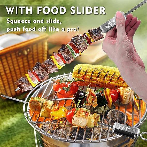 GRILLART Kabob Skewers for Grilling - Metal Skewers for Kabobs with Slider - Flat BBQ Skewers Stainless Steel - 17