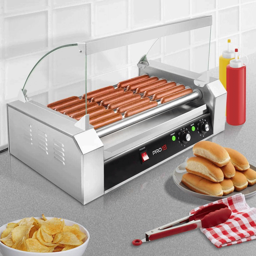 Olde Midway 167 sq. in. Stainless Steel Indoor Grill Hot Dog and Sausage Electric Countertop Cooker Machine with 7-Rollers and Cover ROLL-PRO18-CVR.