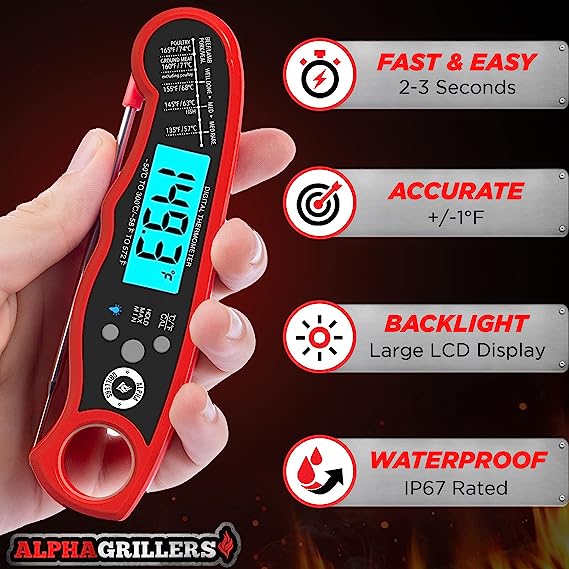 Alpha Grillers Instant Read Meat Thermometer for Grill and Cooking. Best Waterproof Ultra Fast Thermometer with Backlight & Calibration. Digital Food Probe for Kitchen, Outdoor Grilling and BBQ!