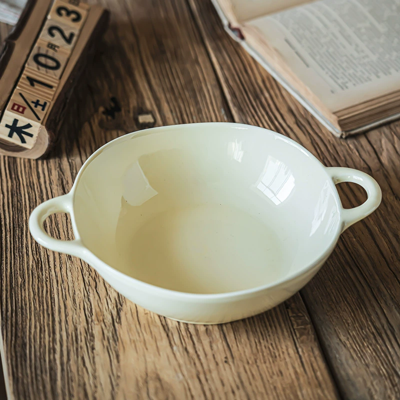 Cream-Colored Solid Ceramic Double-Handled Bowl