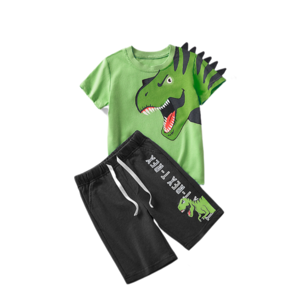 2024 Boys' Cotton Short-Sleeve & Shorts Set - Dinosaur Print Trendy Outfit for Kids