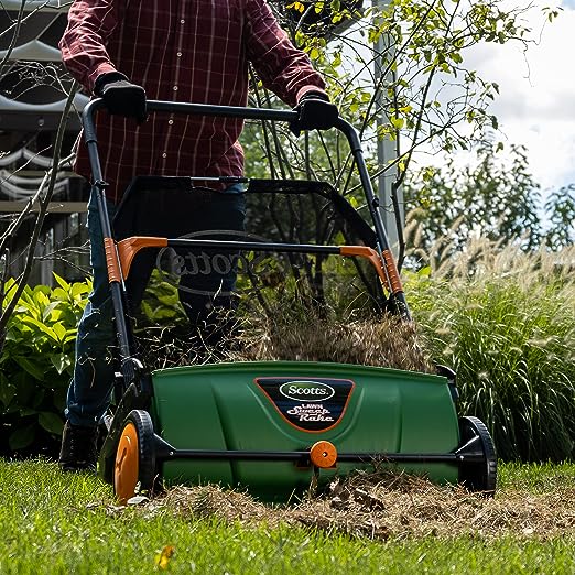 Scotts Outdoor Power Tools LSW70026S 26-Inch Push Lawn Sweeper, Black/Green & Greenworks 10 Amp 14” Corded Electric Dethatcher (Stainless Steel Tines)