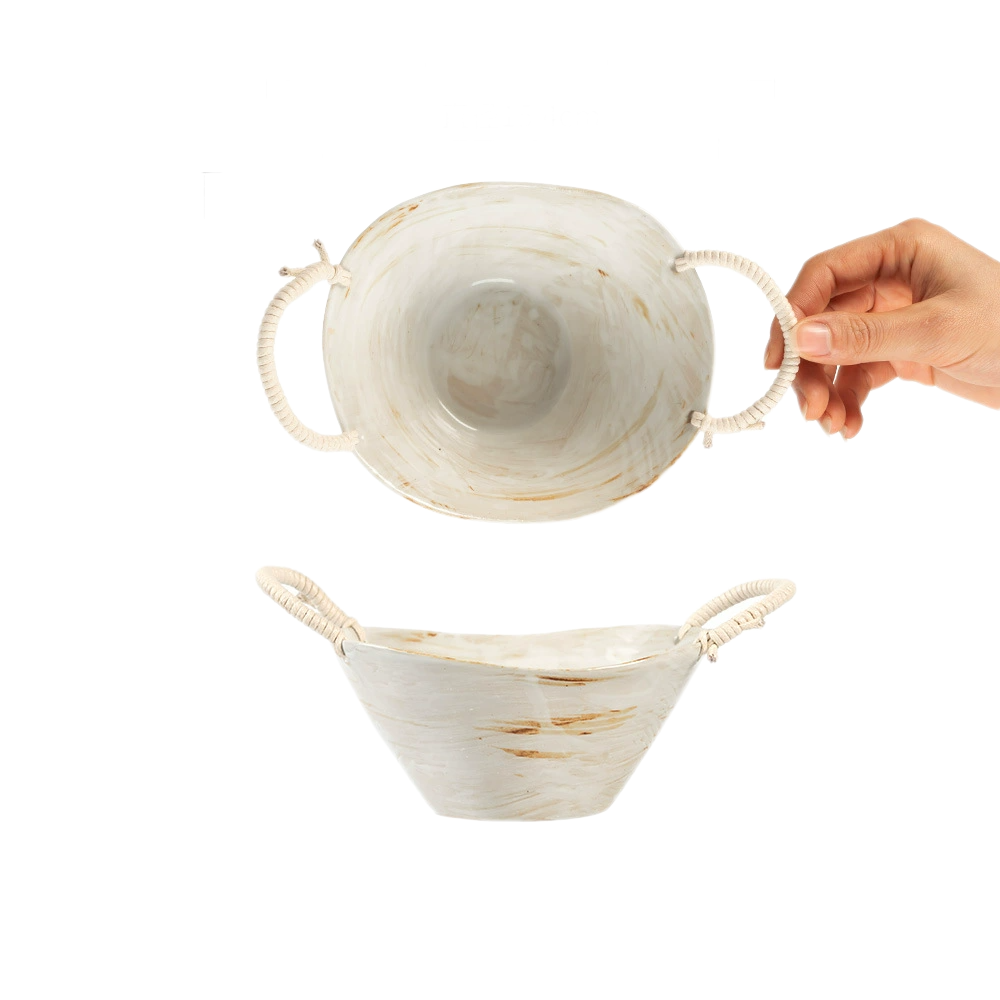 Vintage-Inspired Ceramic Double-Handled Bowl with Braided Rope