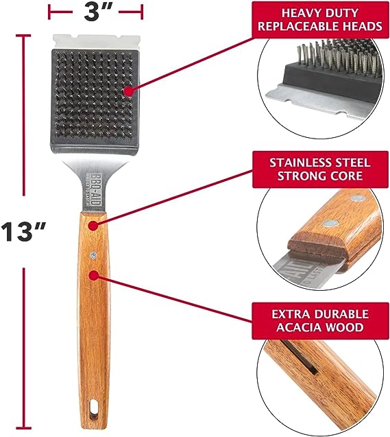 BBQ-Aid Grill Brush and Scraper for Barbecue – Grill Brush for Outdoor Grill with Extended, Large Wooden Handle and Replaceable Stainless Steel Bristles Head –No Scratch- BBQ Grill Brush for Any Grill