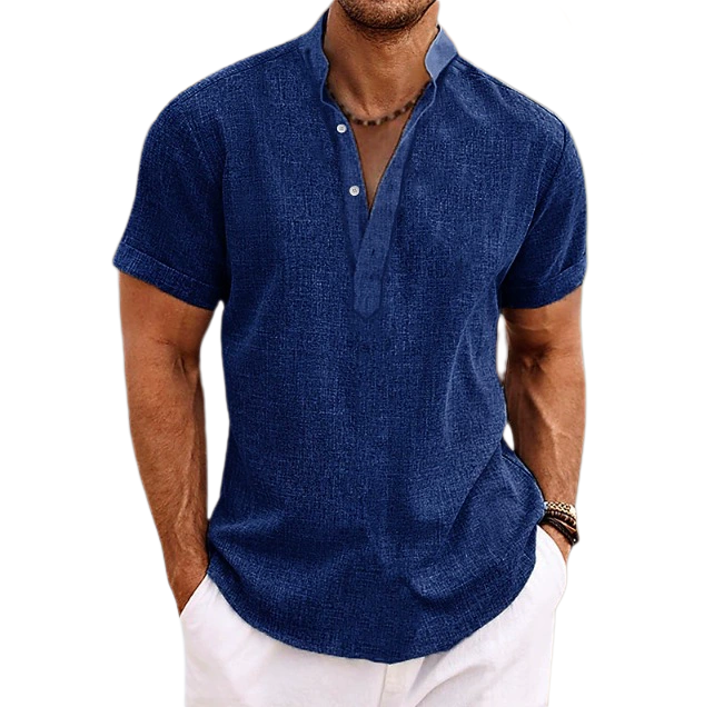 Men Linen Summer Beach Shirt Short Sleeve Solid Color Henry Shirt Summer Casual Daily Men Shirt