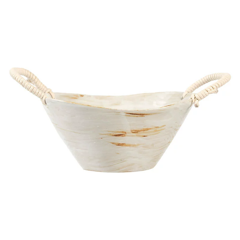 Vintage-Inspired Ceramic Double-Handled Bowl with Braided Rope