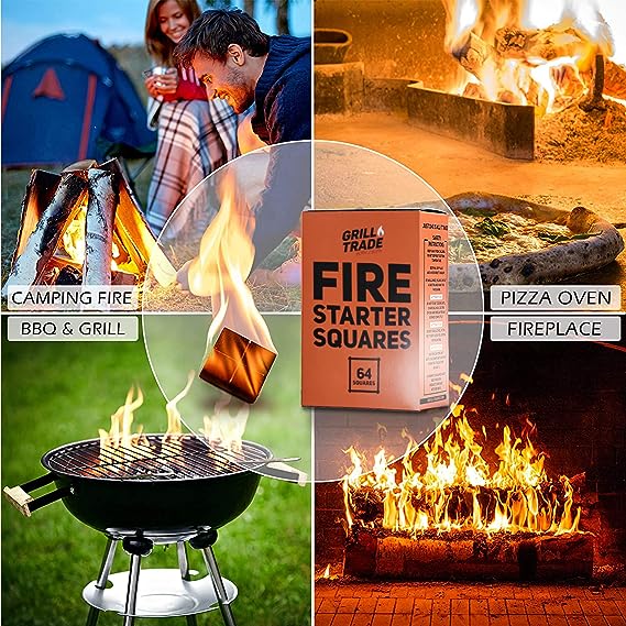 Grill Trade Fire Starter Squares - 64 Pieces Natural Fire Starters for Fireplace, Campfires, Wood Stove, Grill, Fire Pit, Barbeque - Indoor Outdoor Fire Starters