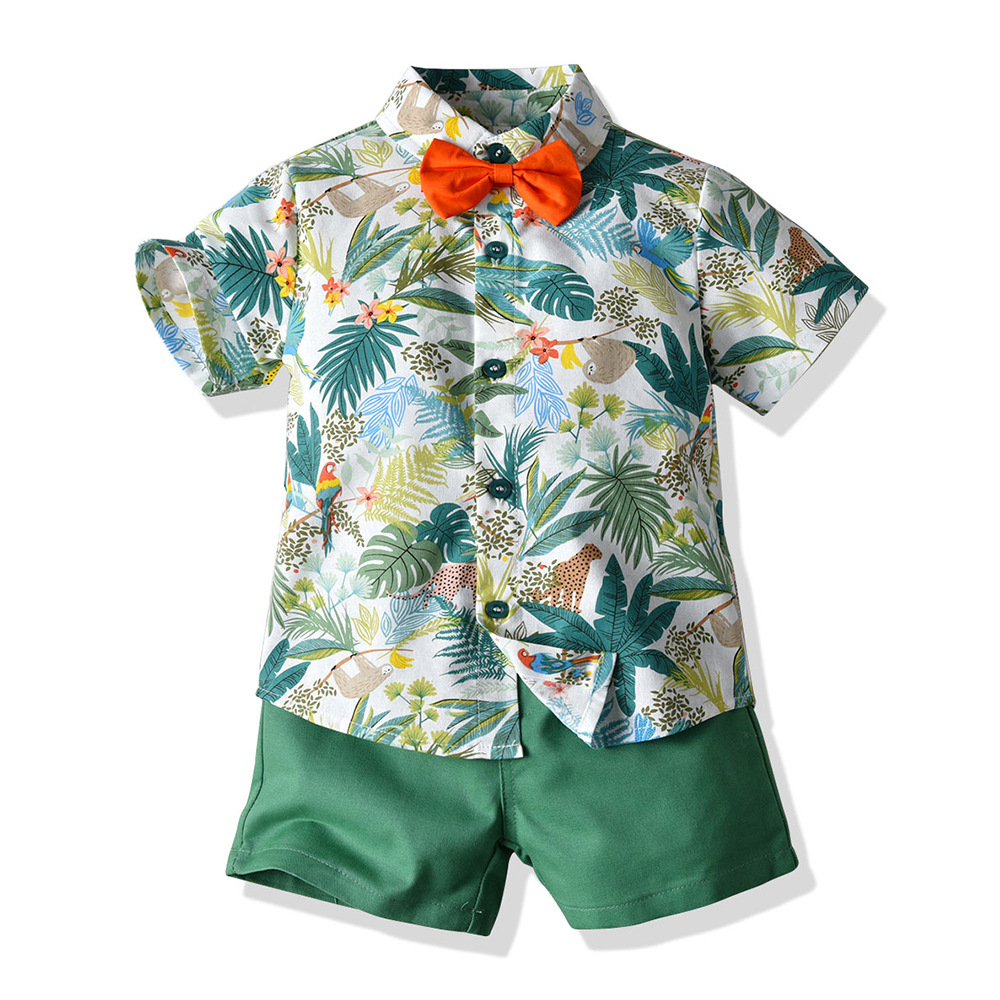 Boys' Summer Short-Sleeve Shirt & Shorts Set - Colorful Beach Outfit for Kids