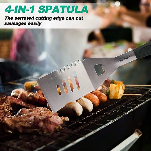 HAUSHOF Large Grill Accessories Heavy Duty BBQ Set Gifts for Men/Women - Premium Stainless Steel Spatula, Fork & Tongs (16.5/16/16.5 in.), Barbecue Utensils Tool Kit Gift for Grilling Lover Outdoor