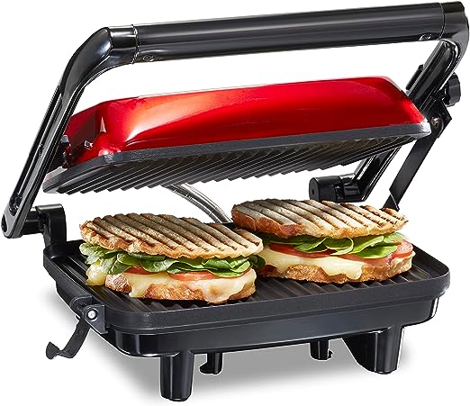 Hamilton Beach Panini Press Sandwich Maker & Electric Indoor Grill with Locking Lid, Opens 180 Degrees for any Thickness for Quesadillas, Burgers & More, Nonstick 8