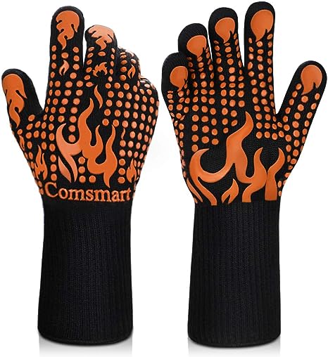 Comsmart BBQ Gloves, 1472 Degree F Heat Resistant Grilling Gloves Silicone Non-Slip Oven Gloves Long Kitchen Gloves for Barbecue, Cooking, Baking, Cutting