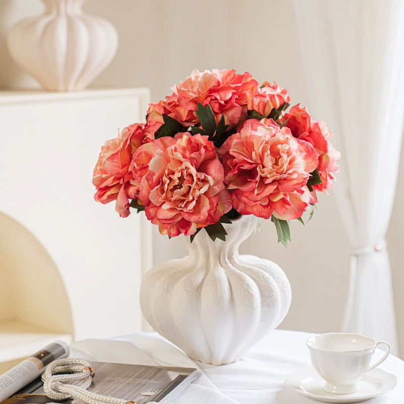 Luxury Faux Peony Bouquet with Burnt Edges - High-End Artificial Flower Arrangement for Living Room and Tabletop Decor