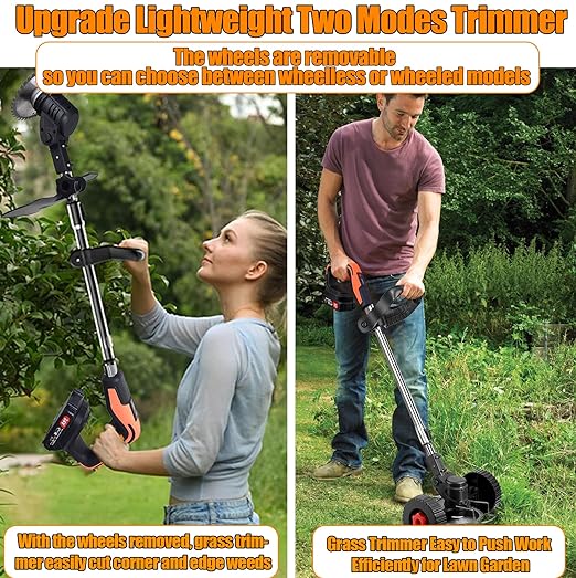 Cordless grass trimmer/shrub cuttter with 1h long-lasting battery weed wacker, grass trimmer, lawn mower Tanutil weed wacker package includes weed wacker, battery, fast charger, blades What's In Your Package? 1 X weed wacker 1 X Battery 1 X Fast Charger 1