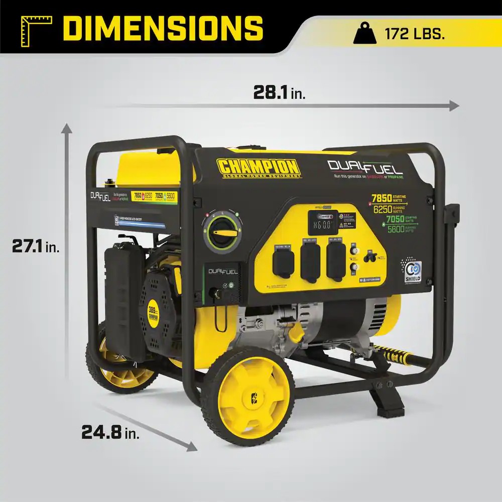 6250-Watt Gas and Propane Powered Dual-Fuel Portable Generator with CO Shield Technology