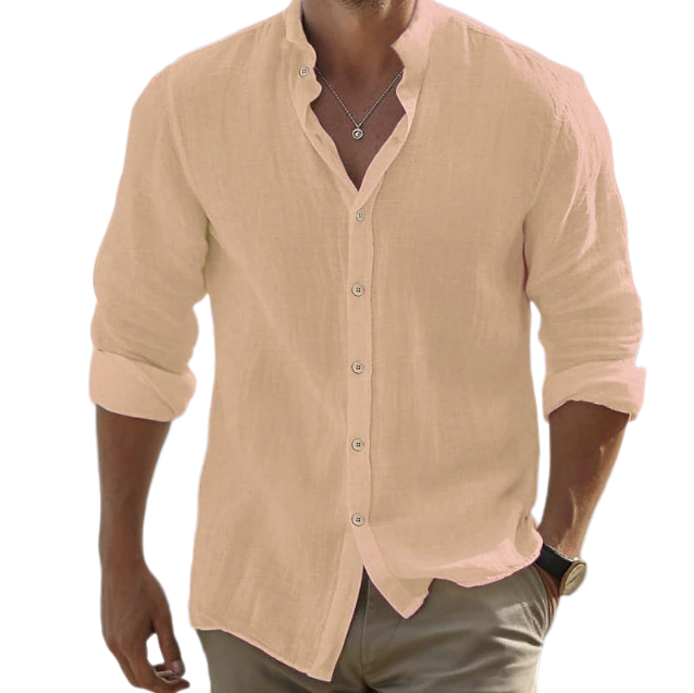 Men Linen Button Down Shirt Summer Beach Shirt Long Sleeve Solid Color Stand Collar Spring Summer Casual Daily Wear