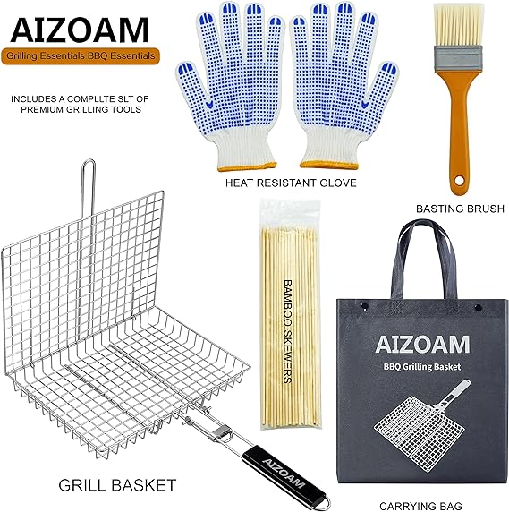 AIZOAM Grill Basket Stainless Steel BBQ Grilling Basket Large Folding Grill Basket with Removable Handle. Grill Basket for Fish,Vegetables Great Useful BBQ Accessories Grilling Gifts for Men Dad