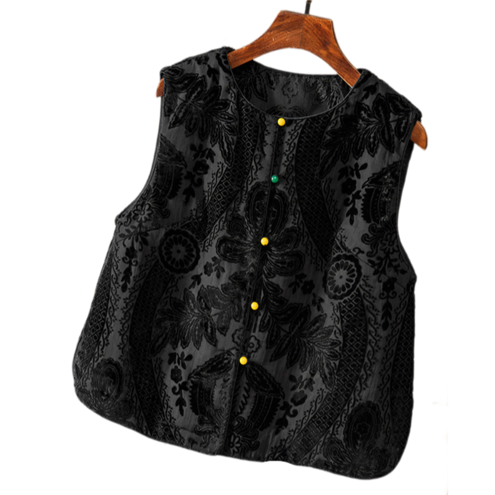 Women’s Textured Quilted Vest – Burnout Floral Velvet Sleeveless Layer with Adjustable Fit