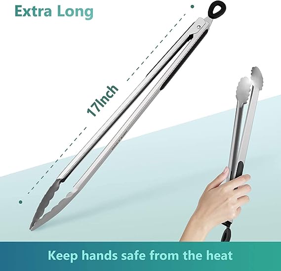 Grill Tongs, 17 Inch Extra Long BBQ Tongs, Premium Stainless Steel Metal Tongs for Cooking, Grilling, Charcoal, Barbecue/BBQ, Buffet (17