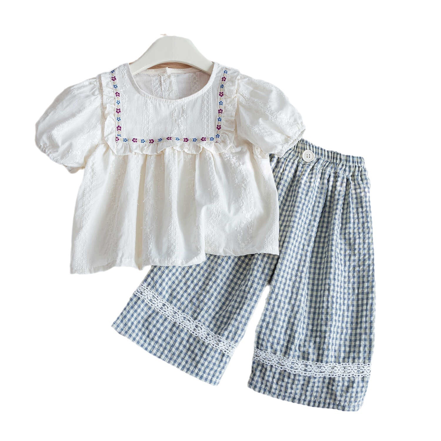 2024 Girls' Summer Outfit Set - Korean Style Embroidered Blouse + Checkered Wide-Leg Pants