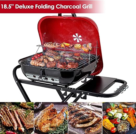 CUSIMAX Charcoal Grill Portable Grill Folding Barbecue Grill Outdoor Cooking Grills & Smokers for BBQ Camping Patio Picnic Backyard, 18.5-Inch, Red