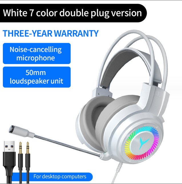 RGB Gaming Headset with Noise-Cancelling Microphone and 50mm Speaker - Black with 7-Color Lighting, Dual Plug, for Desktop Computers