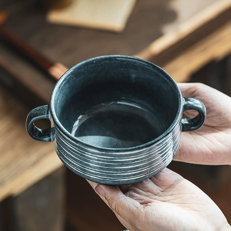 Vintage Reactive Glaze Double-Handled Ceramic Bowl