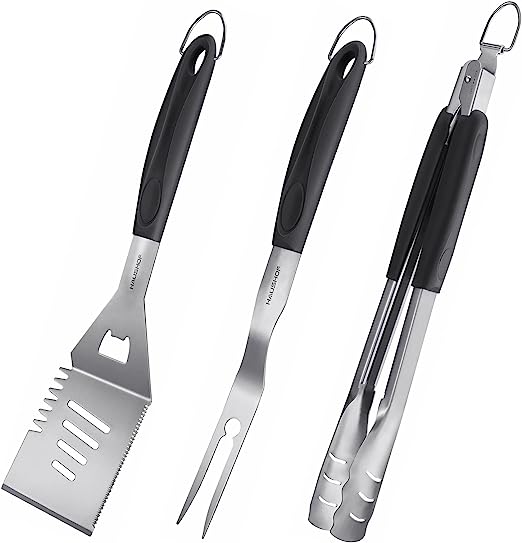 HAUSHOF Large Grill Accessories Heavy Duty BBQ Set Gifts for Men/Women - Premium Stainless Steel Spatula, Fork & Tongs (16.5/16/16.5 in.), Barbecue Utensils Tool Kit Gift for Grilling Lover Outdoor