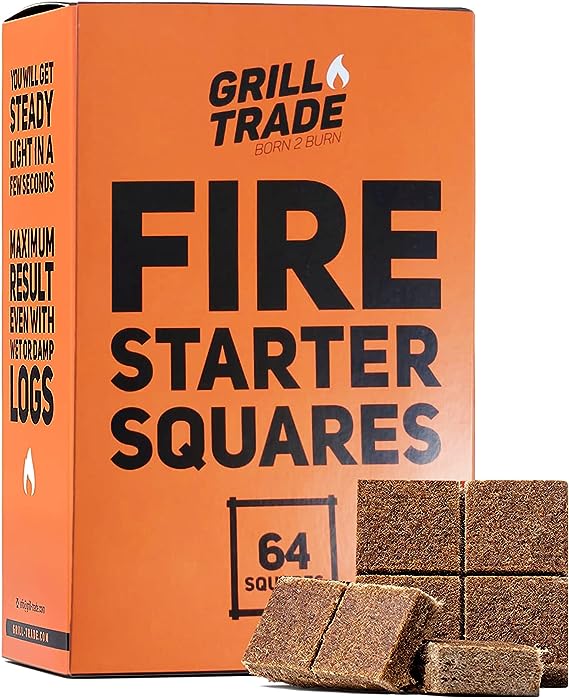 Grill Trade Fire Starter Squares - 64 Pieces Natural Fire Starters for Fireplace, Campfires, Wood Stove, Grill, Fire Pit, Barbeque - Indoor Outdoor Fire Starters