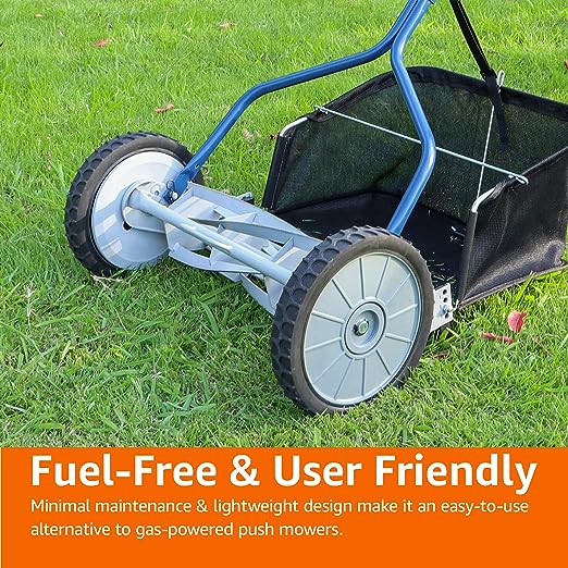 Amazon Basics 18-Inch 5-Blade Push Reel Lawn Mower with Grass Catcher, Blue