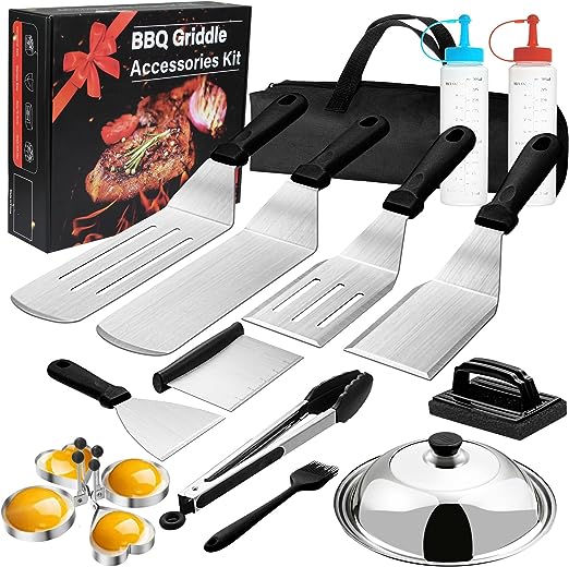 Griddle Accessories Kit, 18PCS Flat Top Grill Accessories Set for Blackstone and Camp Chef, Grill BBQ Spatula Set with Enlarged Spatulas, Basting Cover, Scraper, Tongs for Outdoor BBQ