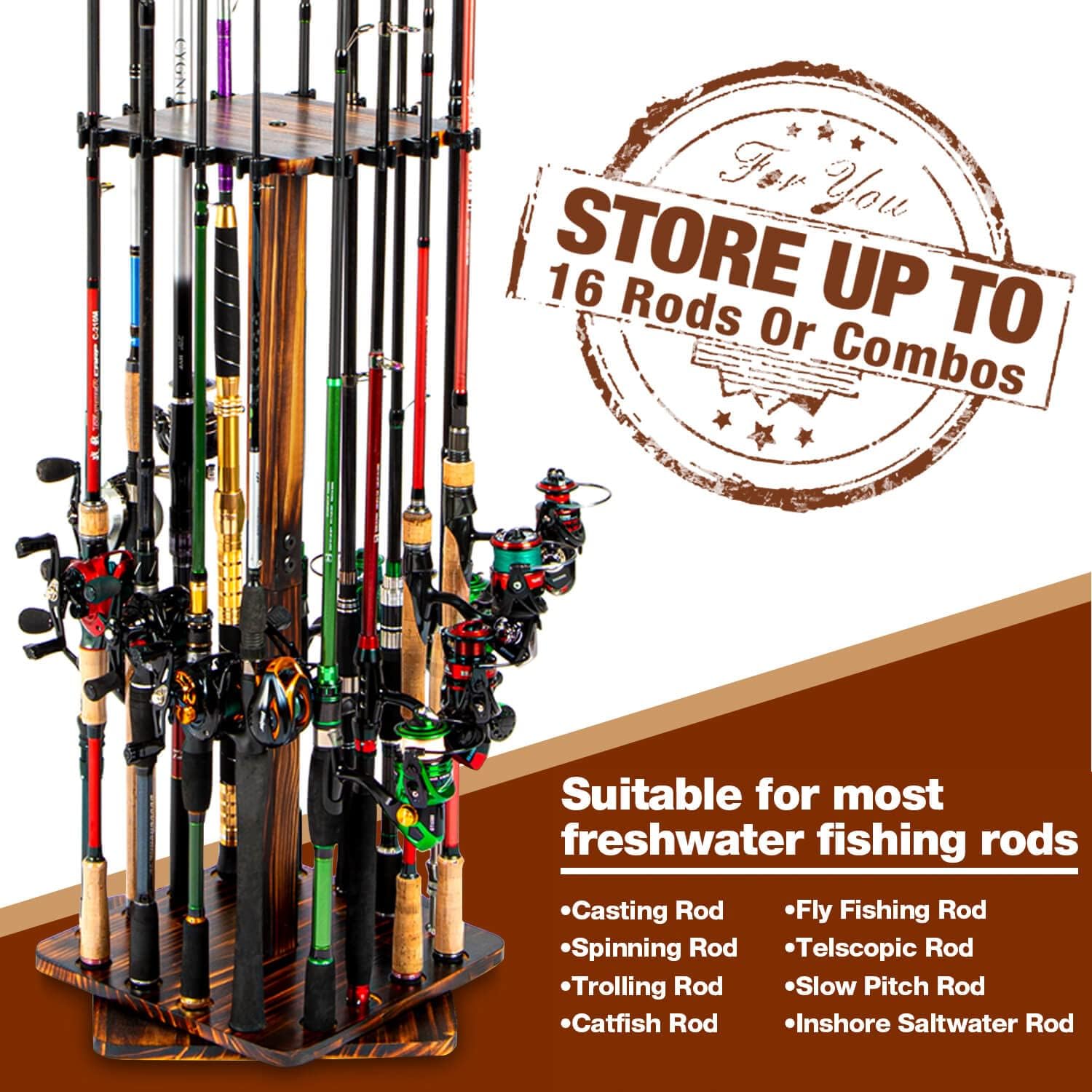 Ghosthorn Fishing Rod Holders for Garage 360 Degree Rotating Fishing Pole Rack, Floor Stand Holds up to 16 Rods Wood Fishing Gear Equipment Storage Organizer, Fishing Gifts for Men