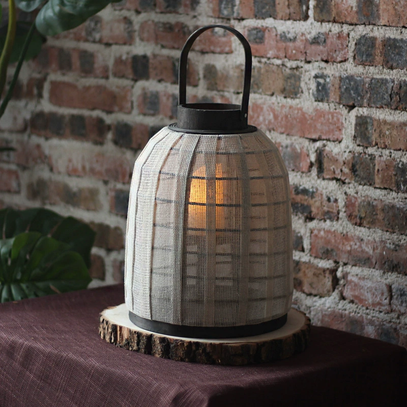 Vintage White Fabric Lantern with Wooden Handle – Candle Holder Decorative Piece for Garden, Courtyard, and Guesthouse, New Chinese & Nordic Style