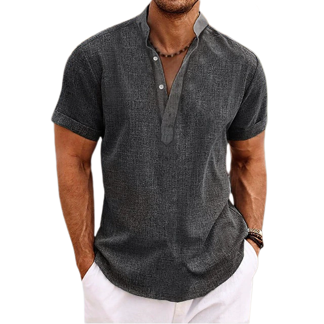 Men Linen Summer Beach Shirt Short Sleeve Solid Color Henry Shirt Summer Casual Daily Men Shirt