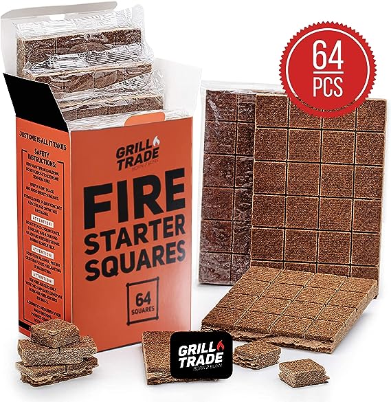 Grill Trade Fire Starter Squares - 64 Pieces Natural Fire Starters for Fireplace, Campfires, Wood Stove, Grill, Fire Pit, Barbeque - Indoor Outdoor Fire Starters