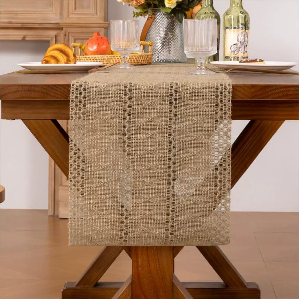 Natural Pure Linen Woven Table Runner - Hollow-Out Design, Holiday Party Decor, Long Tablecloth & Coffee Table Cover