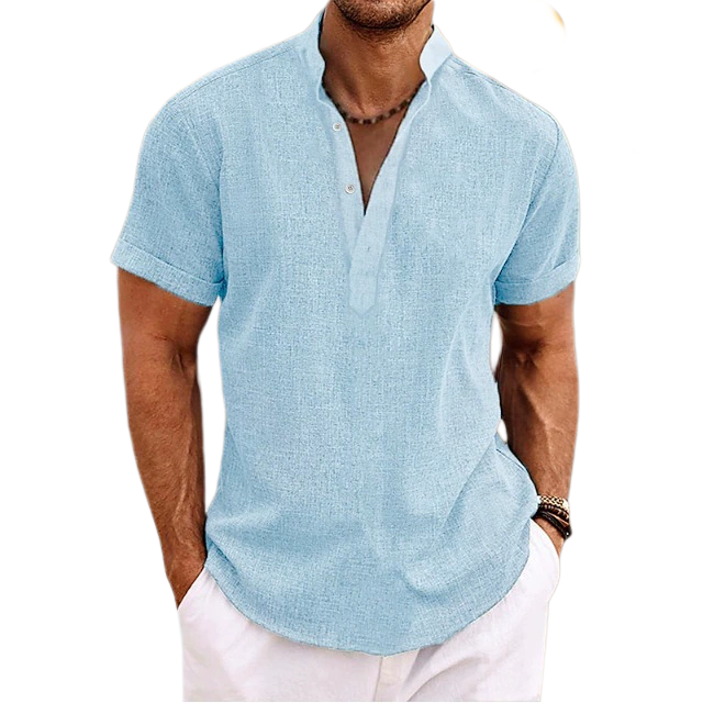 Men Linen Summer Beach Shirt Short Sleeve Solid Color Henry Shirt Summer Casual Daily Men Shirt