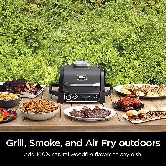 Ninja OG701 Woodfire Outdoor Grill & Smoker, 7-in-1 Master Grill, BBQ Smoker, & Air Fryer plus Bake, Roast, Dehydrate, & Broil, uses Ninja Woodfire Pellets, Weather-Resistant, Portable, Electric, Grey