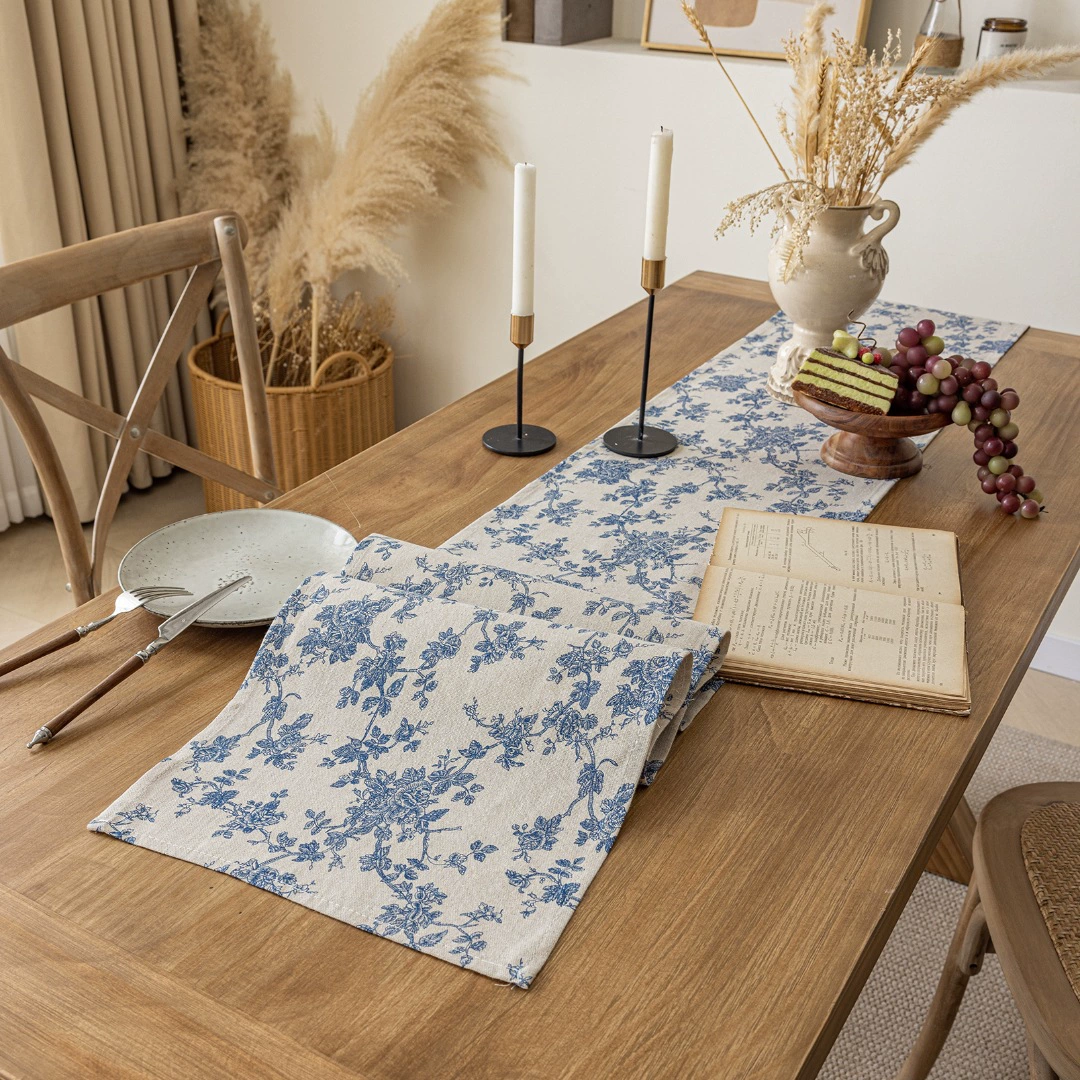 Vintage Blue and White Porcelain Cotton-Linen Table Runner - Dustproof Cover for Dining Cabinets, Shoe Cabinets & Sideboards